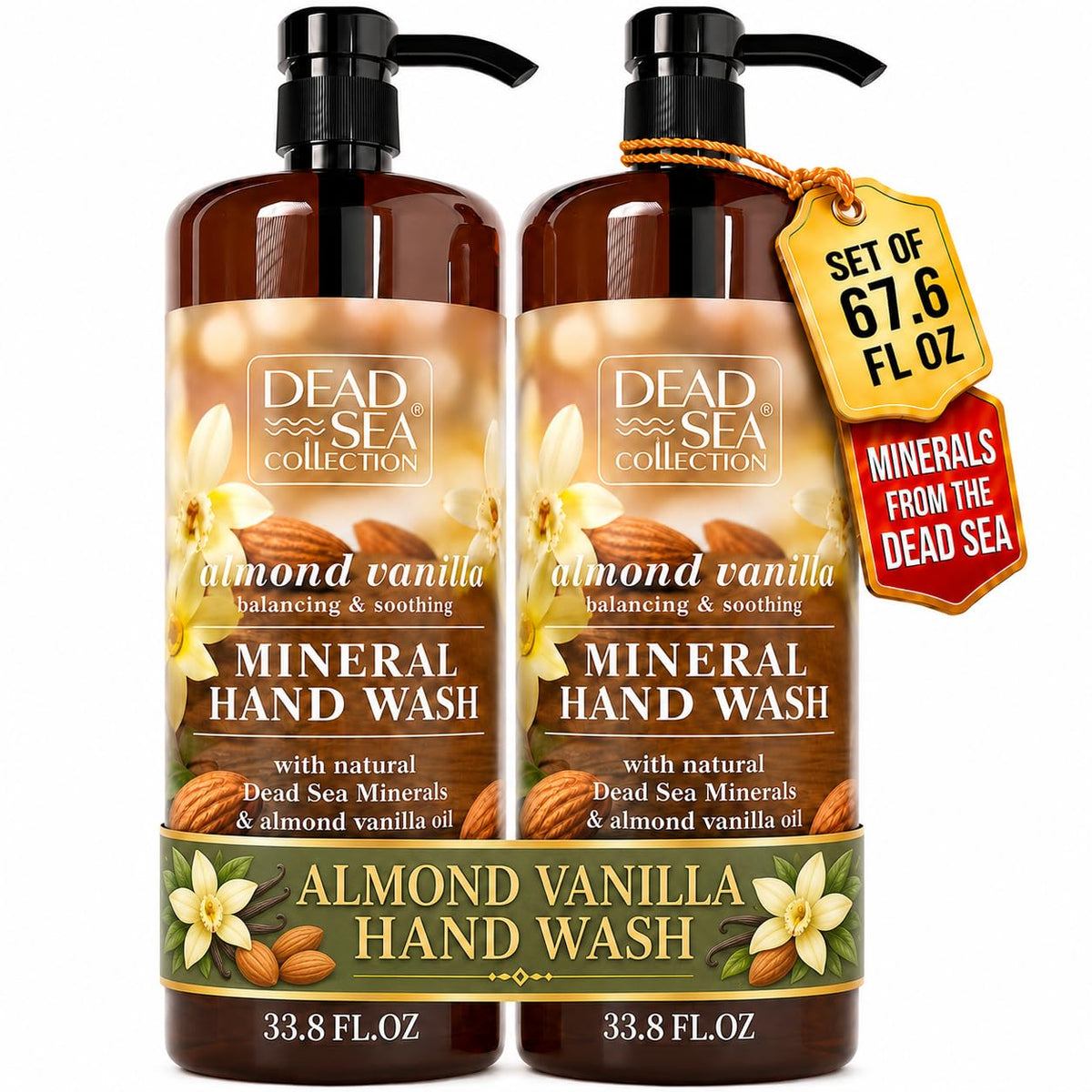 Dead Sea Collection front bottle showing almond vanilla scent and nourishing feel