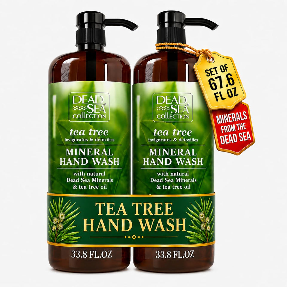 Dead Sea Collection front packaging showing two 33.8 fl oz bottles, clear value