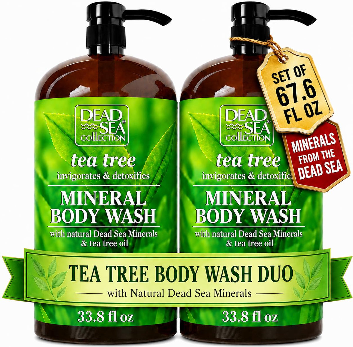 Dead Sea Collection front packaging showing two large bottles and benefits