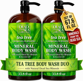 Dead Sea Collection front packaging showing two large bottles and benefits