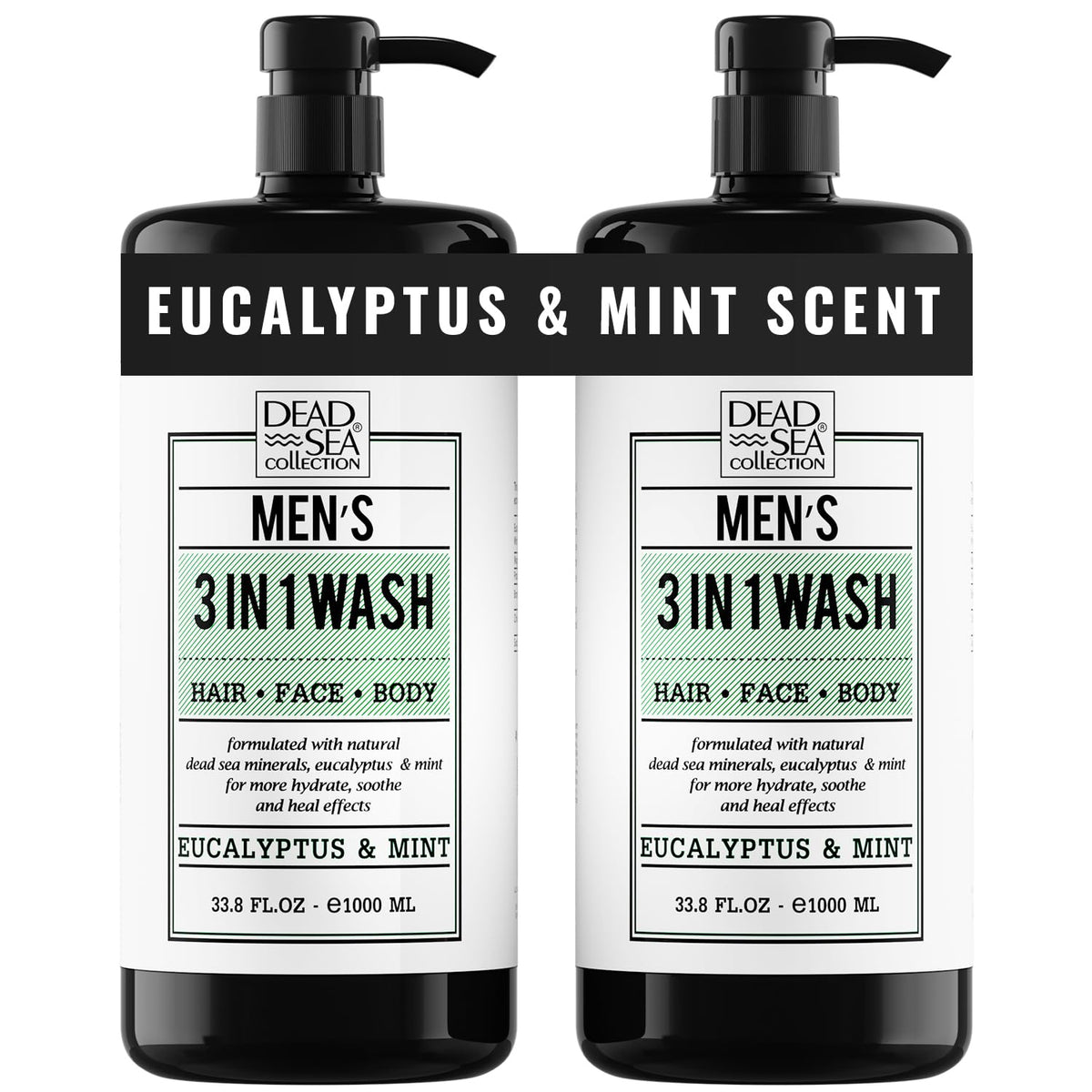 Dead Sea Collection front packaging showing two pump bottles and benefits