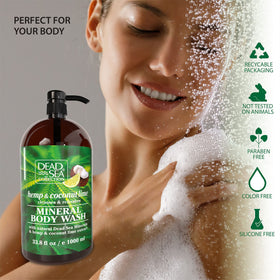 Dead Sea Collection label close-up listing hemp, coconut, lime and minerals