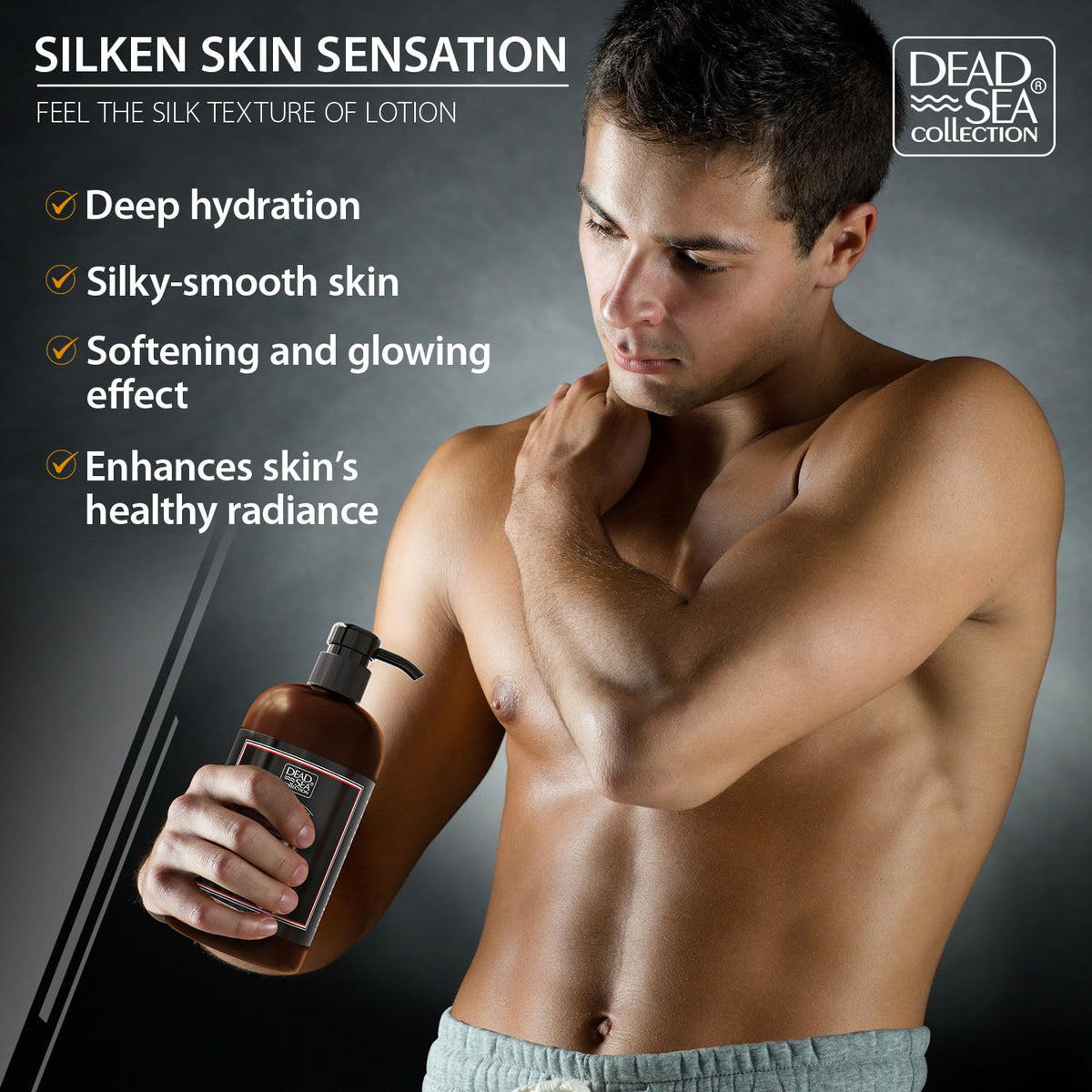 Dead Sea Collection label close-up highlighting sandalwood and mineral benefits