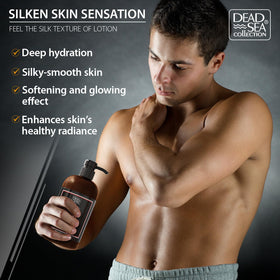 Dead Sea Collection label close-up highlighting sandalwood and mineral benefits