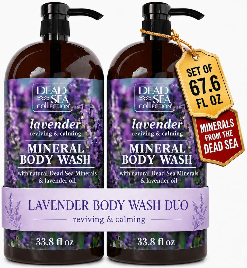 Dead Sea Collection front packaging showing two bottles and label benefits