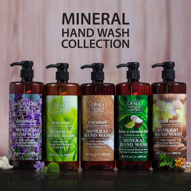 Bottle next to sink showing Dead Sea Collection size for fewer refills