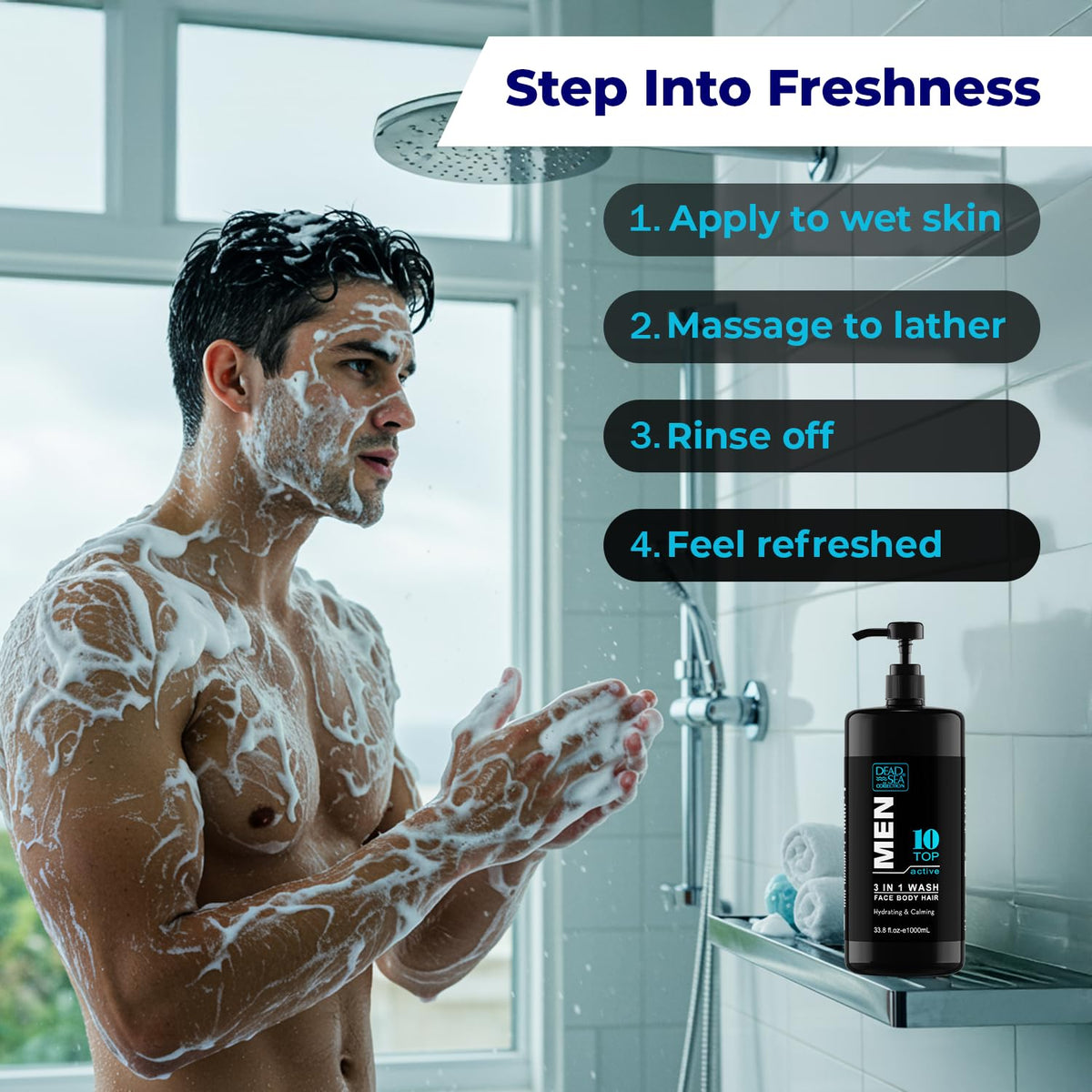 Dead Sea Collection man using body wash in shower showing efficient 3-in-1 grooming