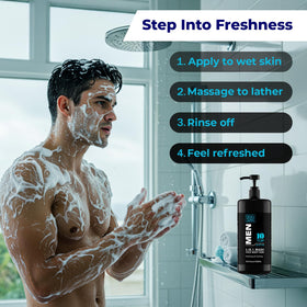 Dead Sea Collection man using body wash in shower showing efficient 3-in-1 grooming