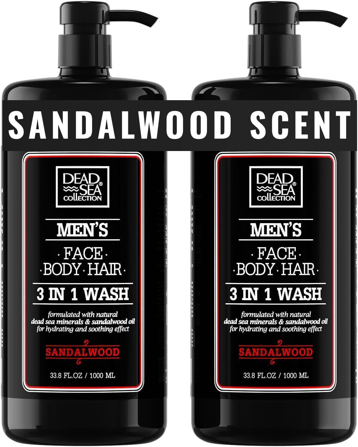 Dead Sea Collection front packaging showing two sandalwood pump bottles and lasting supply