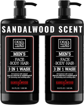 Dead Sea Collection front packaging showing two sandalwood pump bottles and lasting supply
