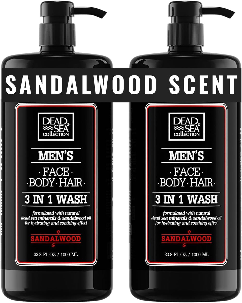 Dead Sea Collection front packaging showing two sandalwood pump bottles and lasting supply