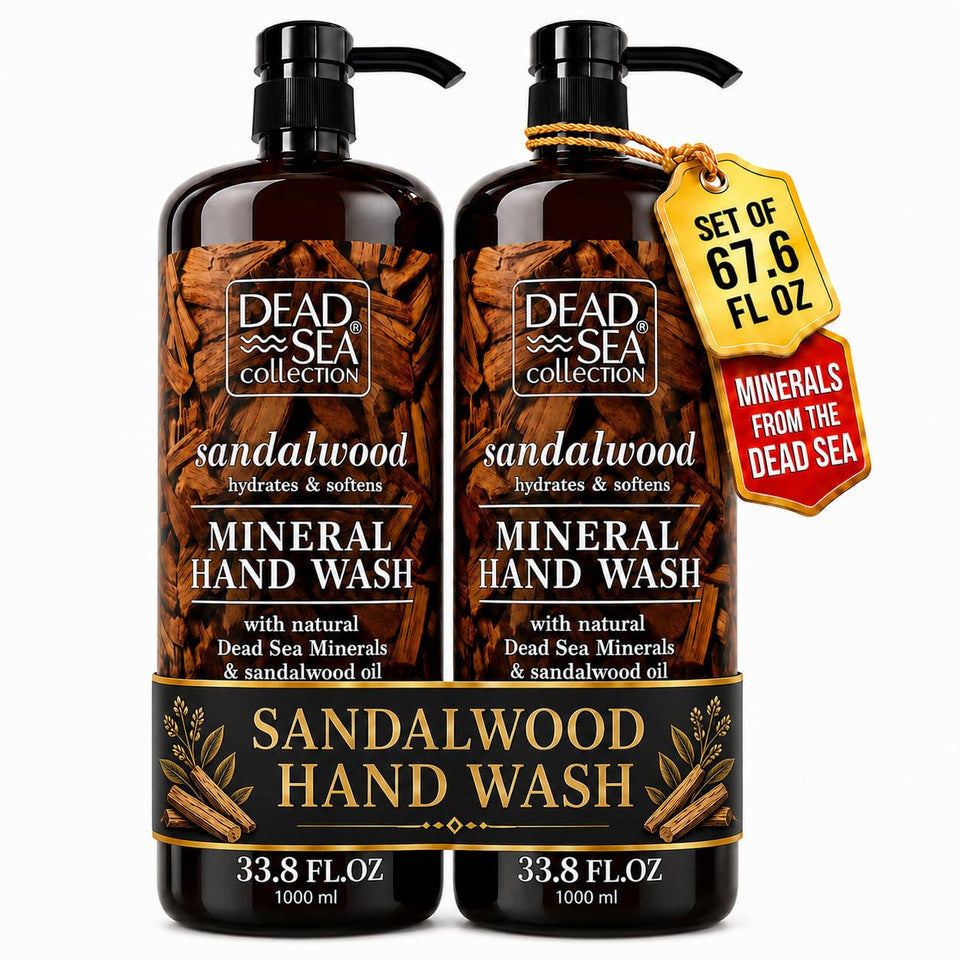Dead Sea Collection front packaging showing dual 33.8 fl oz bottles and benefits