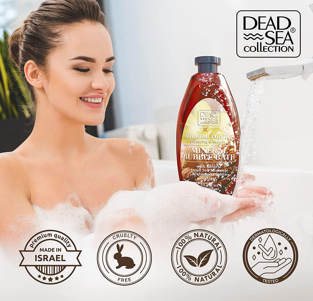 Dead Sea Collection scale comparison with hand showing bottle size advantage