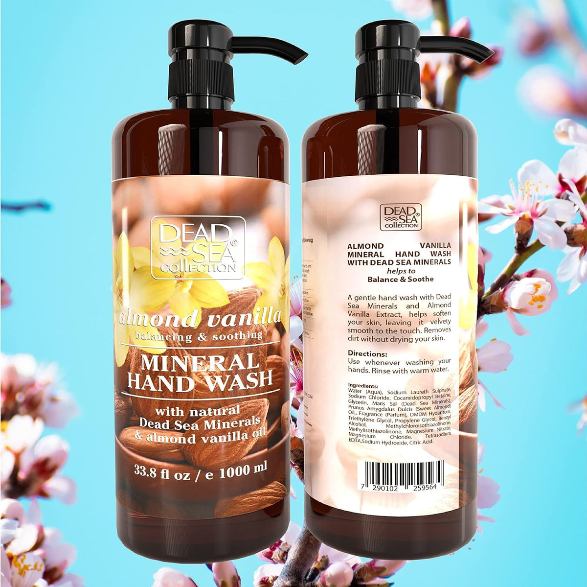 Dead Sea Collection next to standard bottle to show generous 33.8 fl oz size