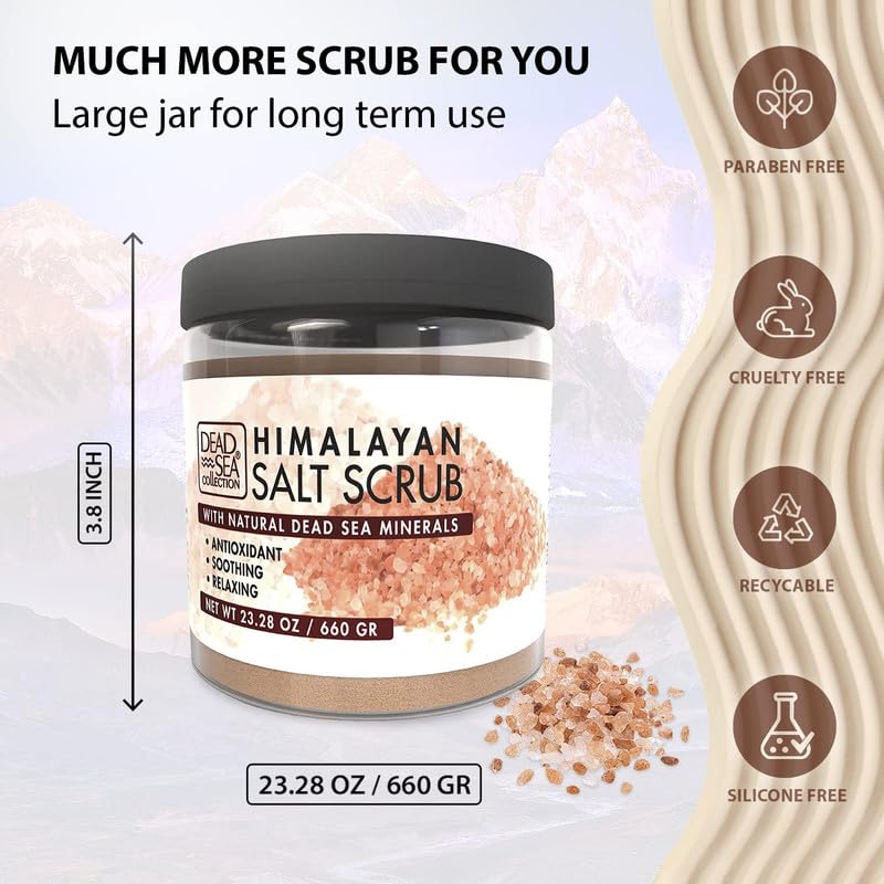 Dead Sea Collection beside a hand for size comparison showing large 23.28 oz jar