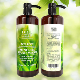 Dead Sea Collection size comparison with hands showing large 33.8 fl oz bottle capacity