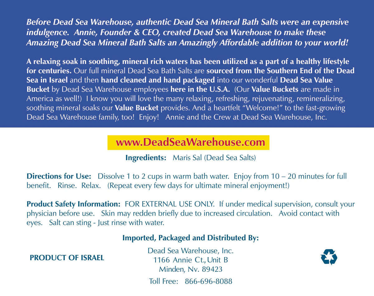 Dead Sea Warehouse salts in a bathroom setting conveying a relaxing soak experience