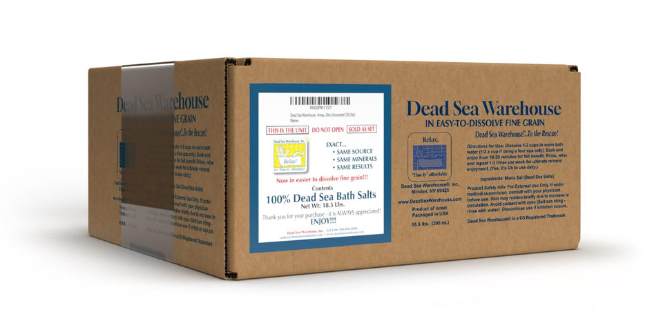Dead Sea Warehouse front packaging showing unscented 18.5 lb box and clear label, convenient storage
