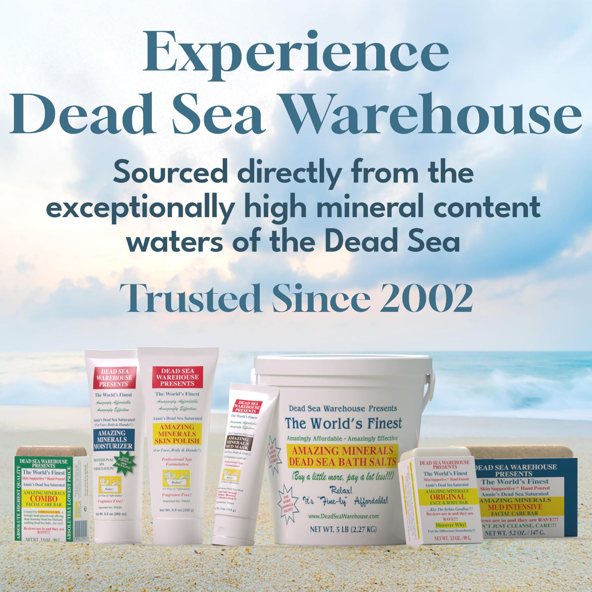 Dead Sea Warehouse salts in bathroom setting suggesting relaxing soak