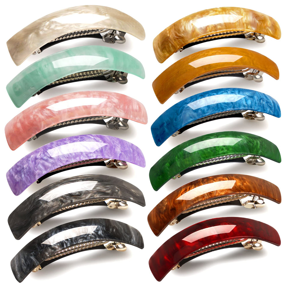 DealEachDay front view of 12 retro acrylic barrettes showing colors and patterns, organized