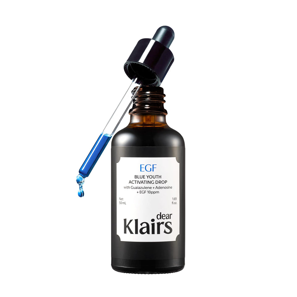 DearKlairs front packaging showing blue youth activating drop benefits