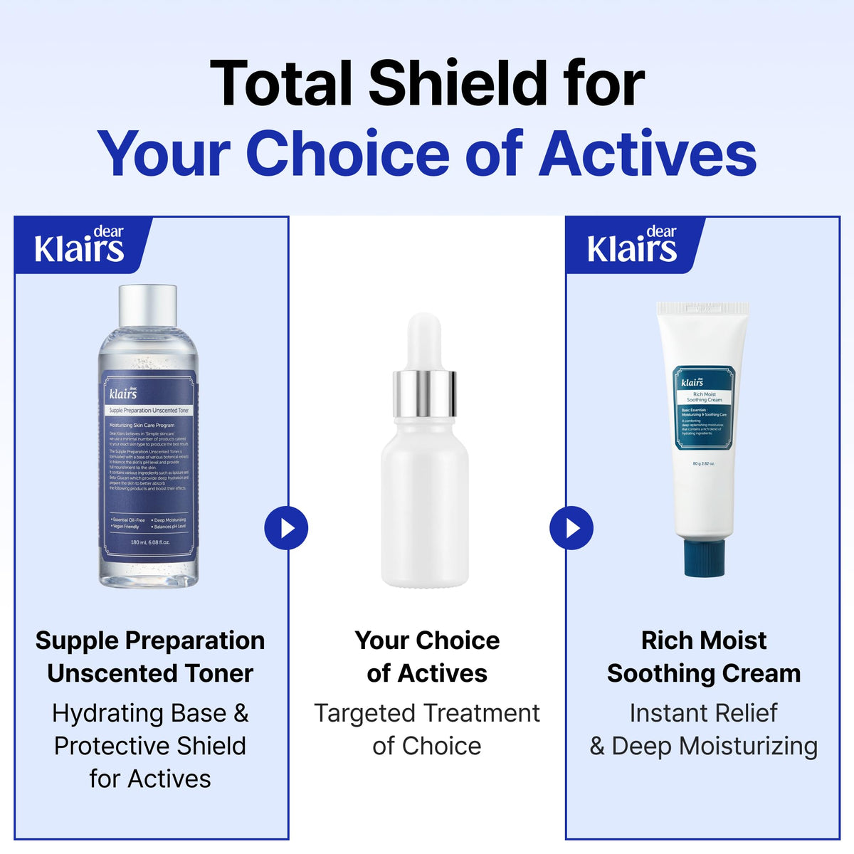 DearKlairs flatlay of ingredient list emphasizing clean, vegan, ethanol-free formula