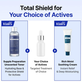 DearKlairs flatlay of ingredient list emphasizing clean, vegan, ethanol-free formula