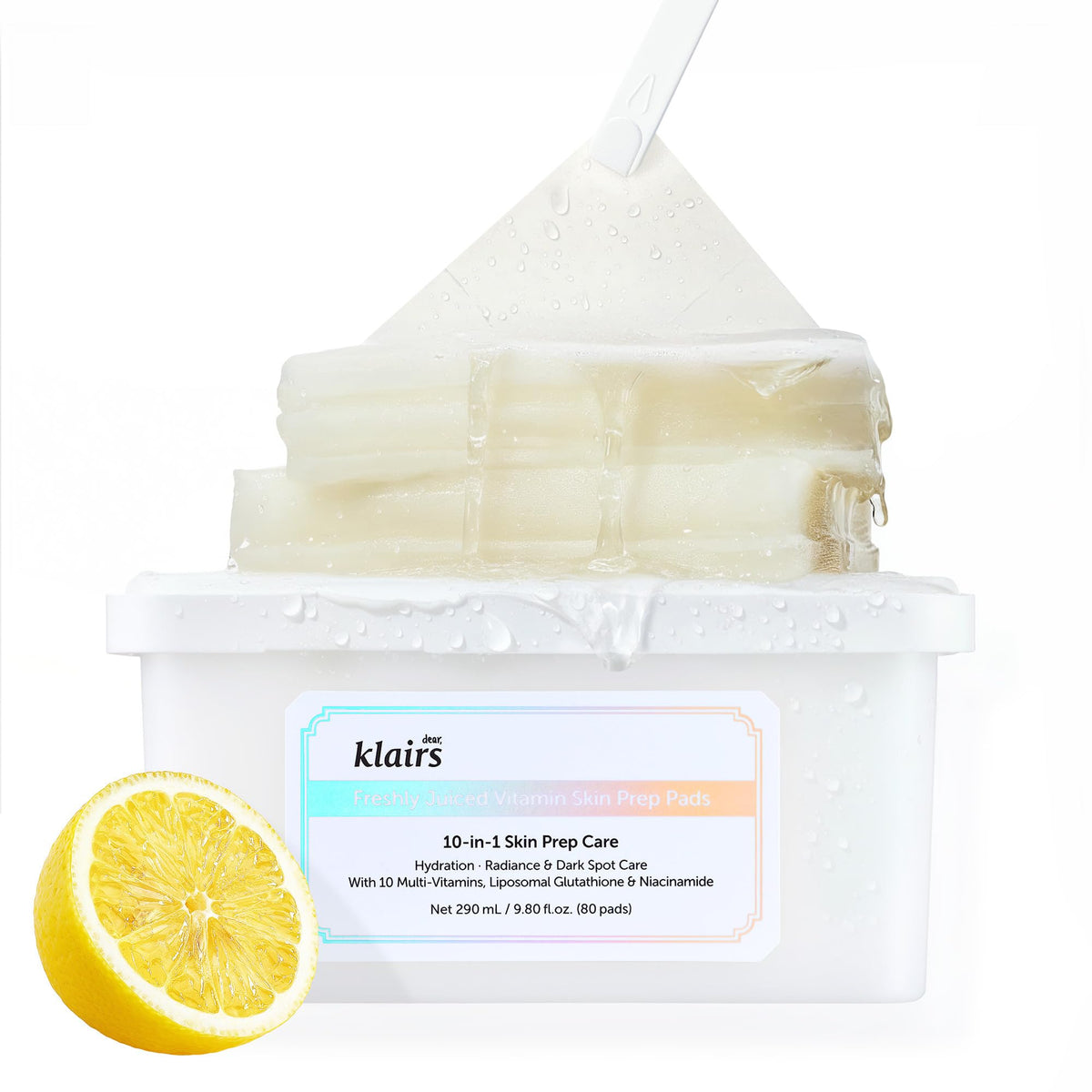 DearKlairs tub front view showing 80-count pads for convenient brightening