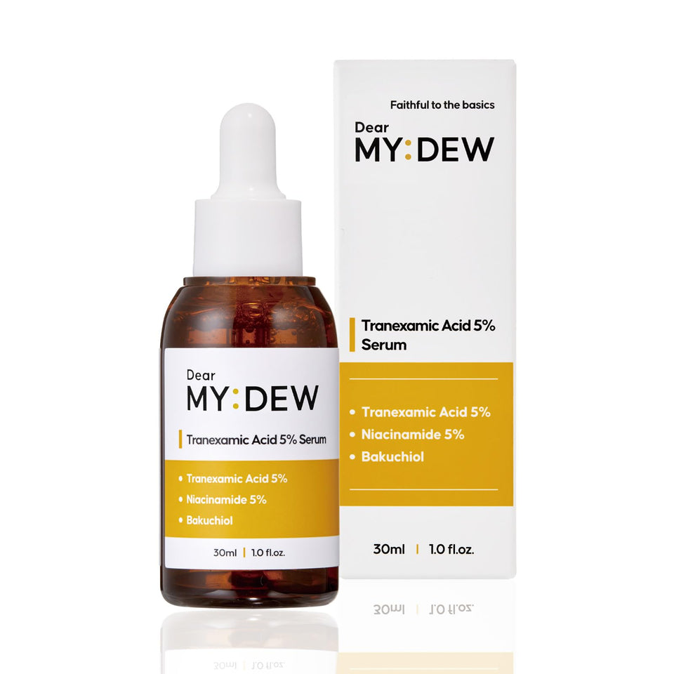 DearMYDEW front bottle shot shows sleek serum packaging and clear branding benefit