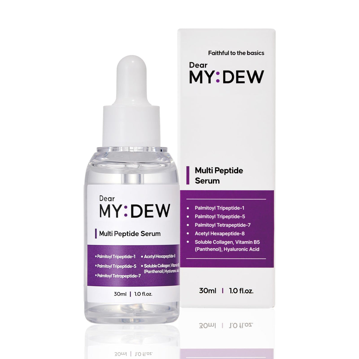DearMYDEW serum front packaging showing elegant bottle and clear benefits