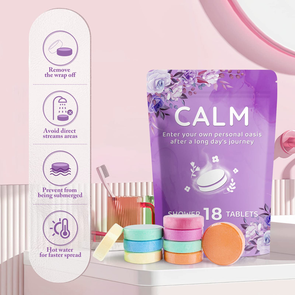 DeckTheHalls shower tablet activated on floor producing fragrant steam for relaxation