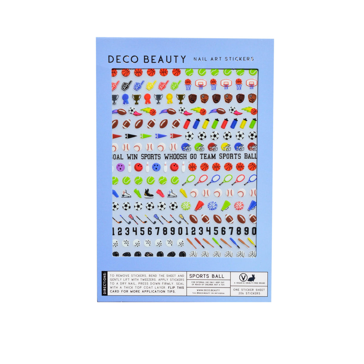 Deco Beauty front packaging showing sports ball sticker sheet and benefits