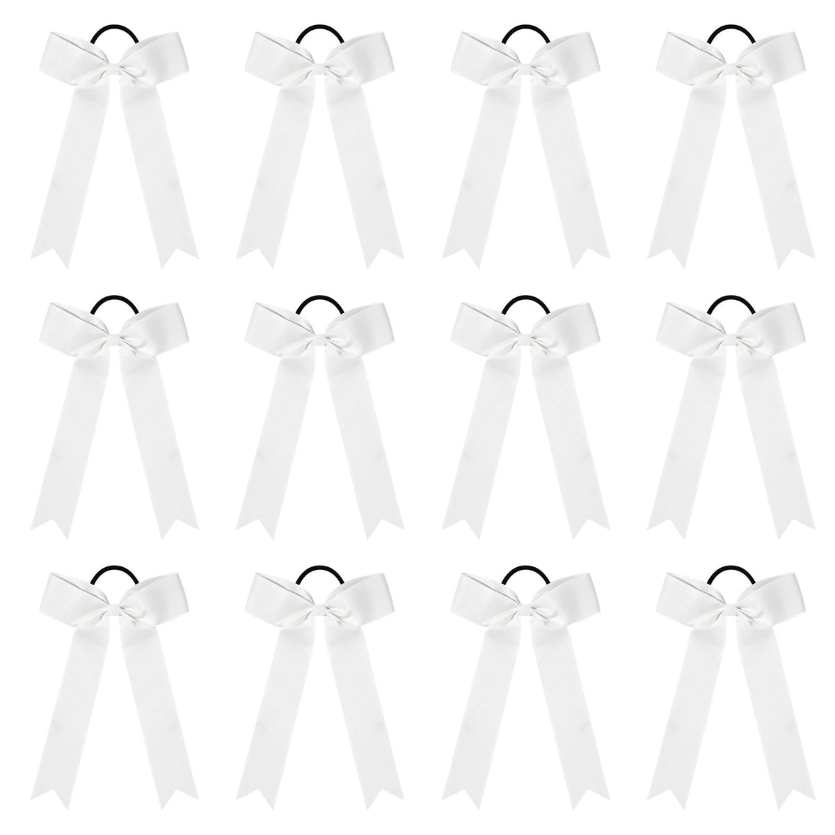 DEEKA front view of 12 white cheer bows showing neat packaging and team-ready look