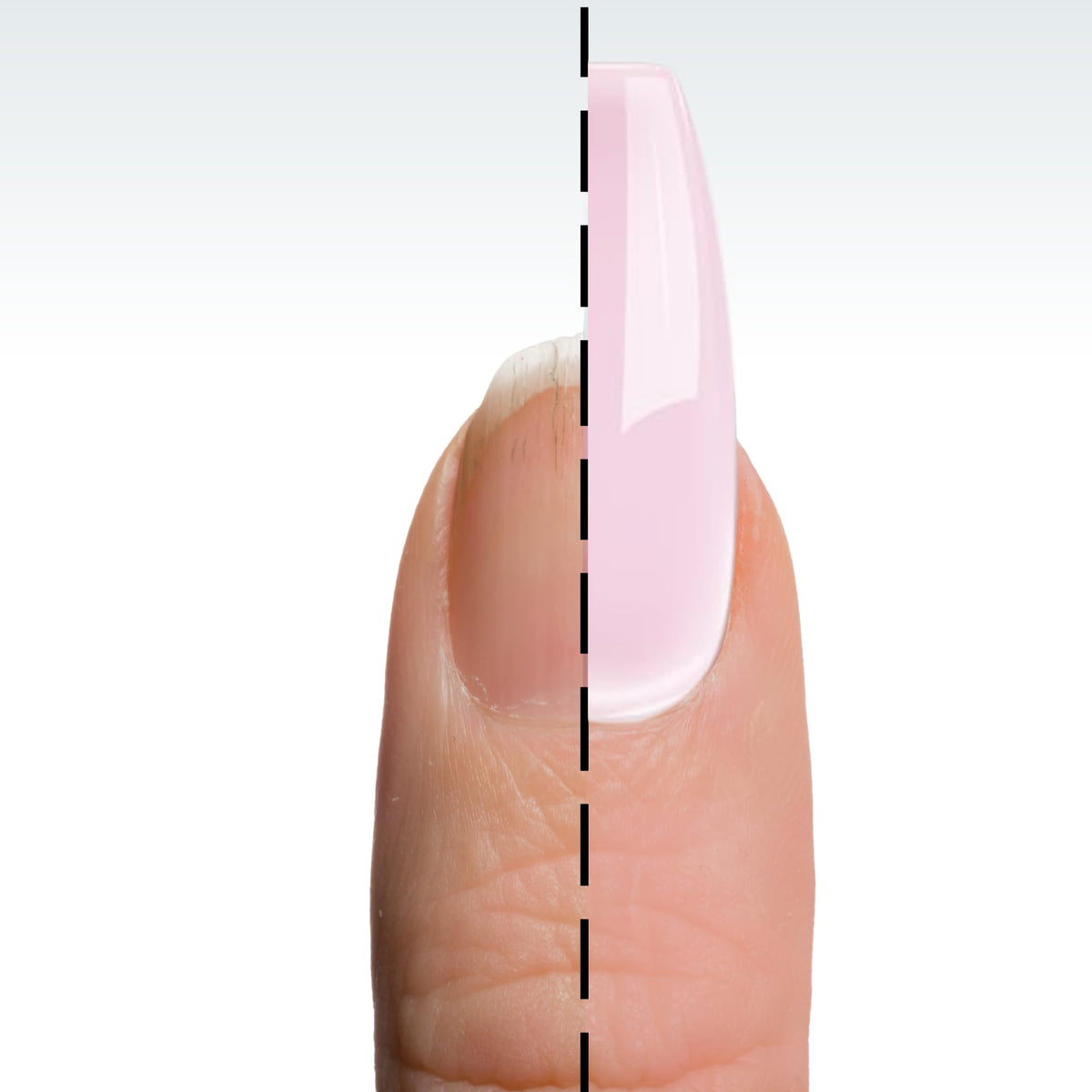 DeEnti powder applied to nail tip demonstrating strong adhesion benefit