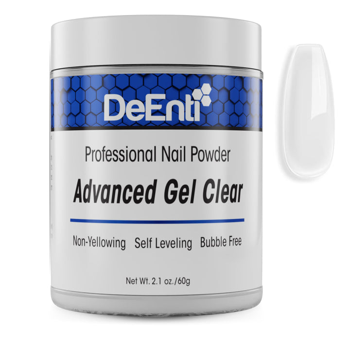 DeEnti clear acrylic powder jar front showing professional packaging and reliability