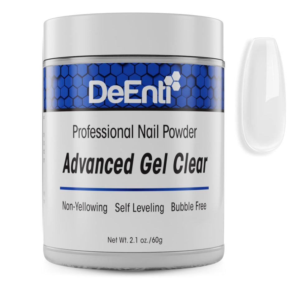 DeEnti clear acrylic powder jar front showing professional packaging and reliability