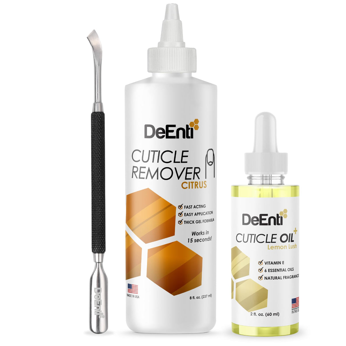 DeEnti cuticle pack front view showing all three items and clear benefits