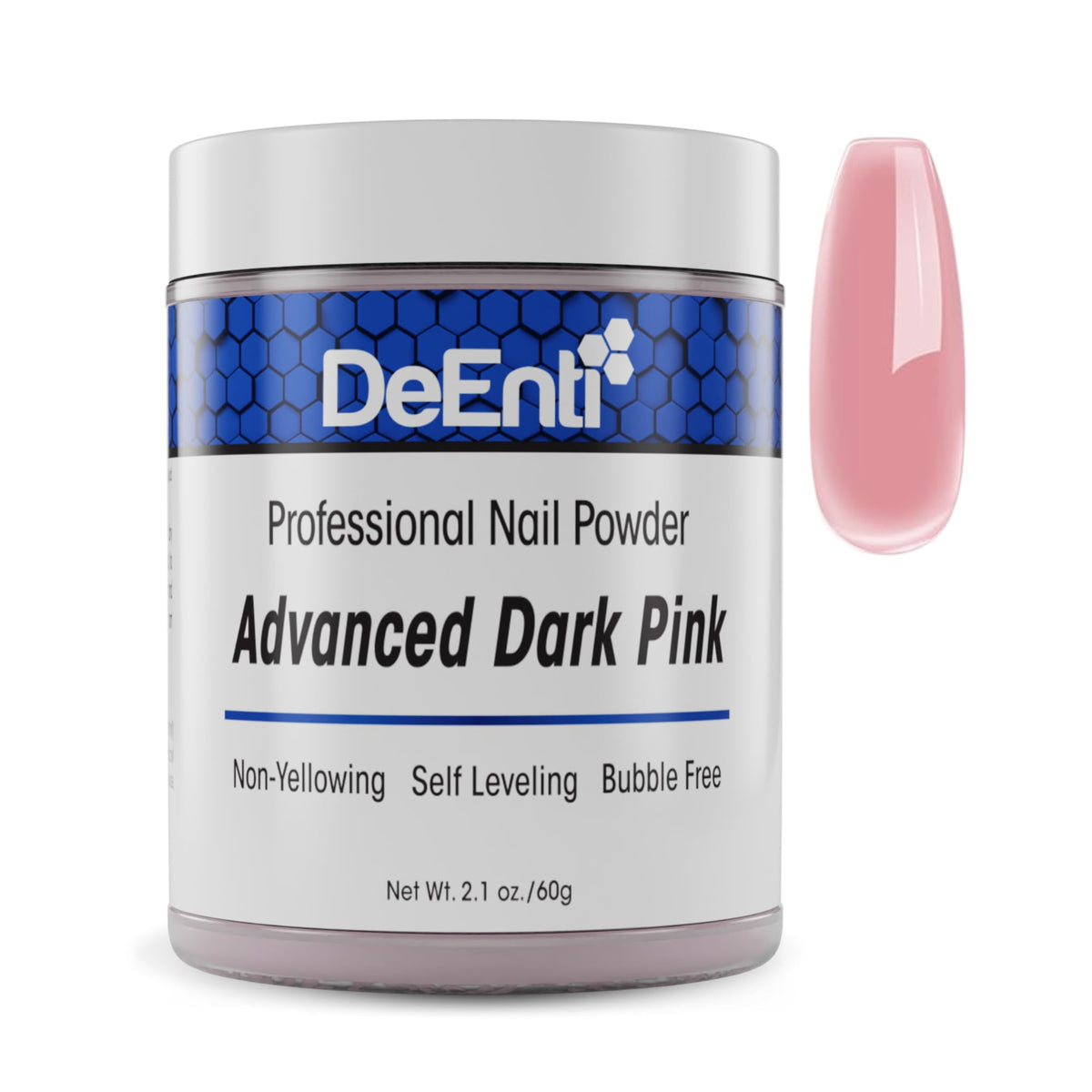 DeEnti jar front view showing dark pink powder and clear labeling for salon use