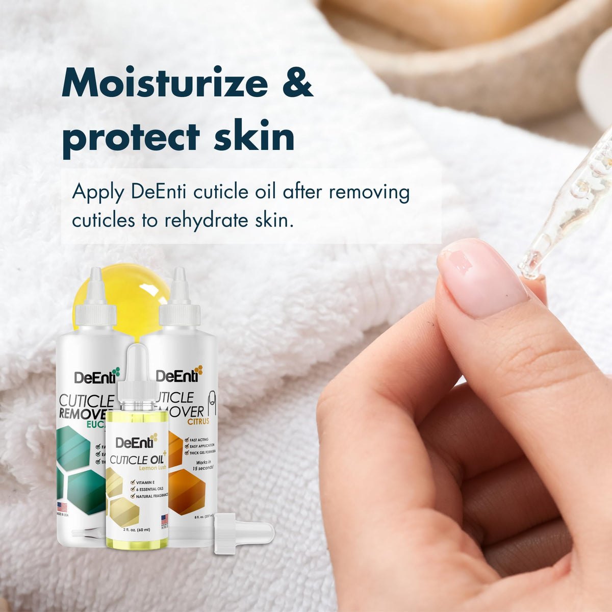 DeEnti double-sided metal pusher displayed for precise cuticle control