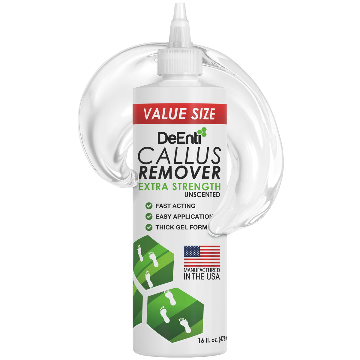 DeEnti front bottle display showing salon-grade callus remover for quick results