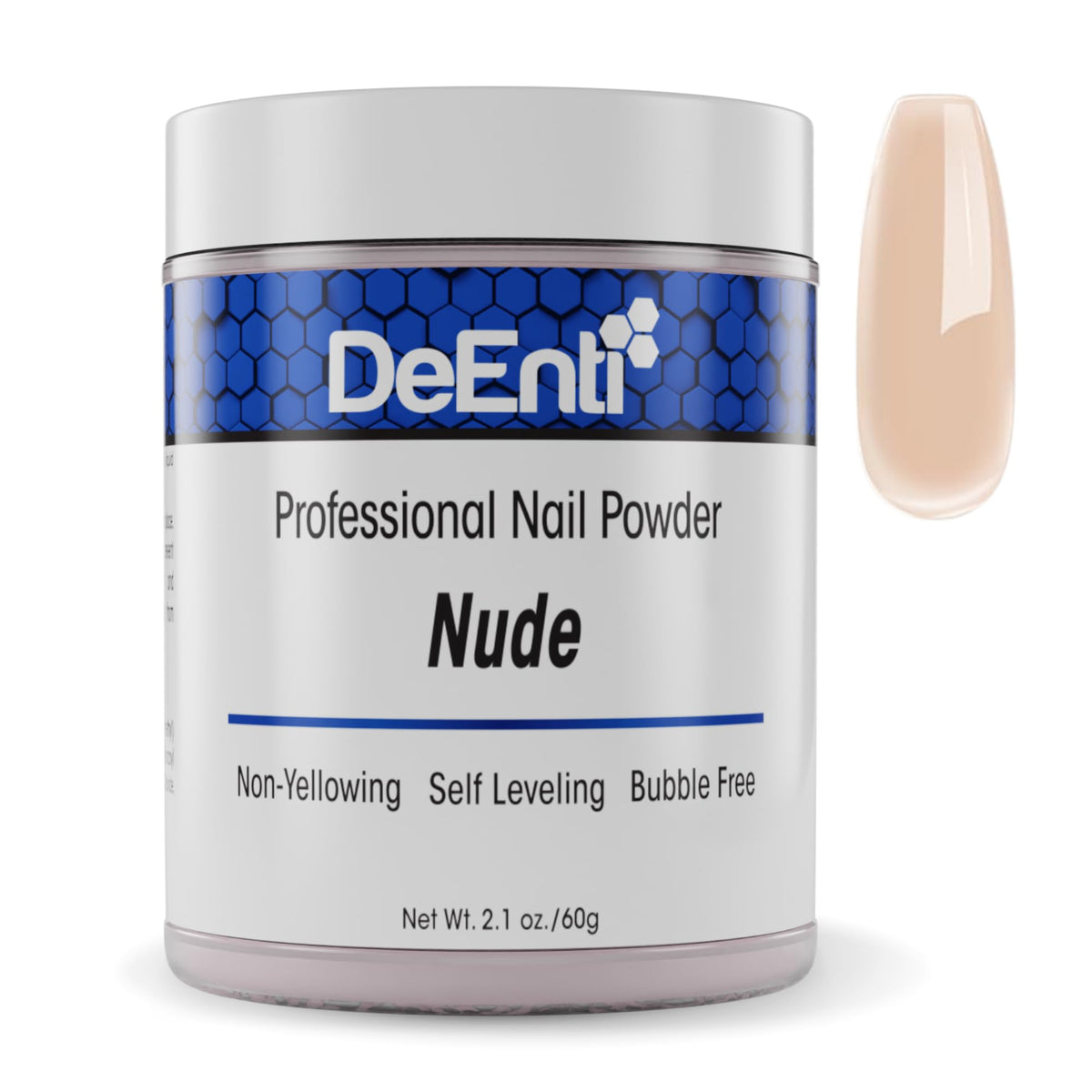 DeEnti jar front view showing nude acrylic powder and professional finish