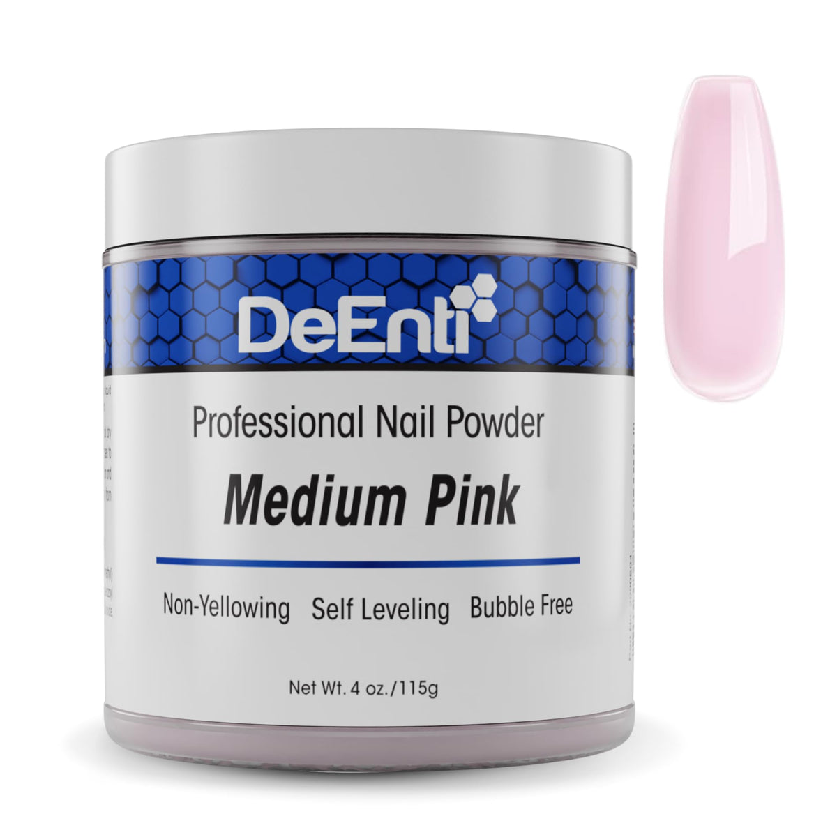 DeEnti jar front view showing medium pink shade and professional finish benefit