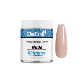 DeEnti front packaging showing 2oz nude acrylic powder and professional branding benefit clarity