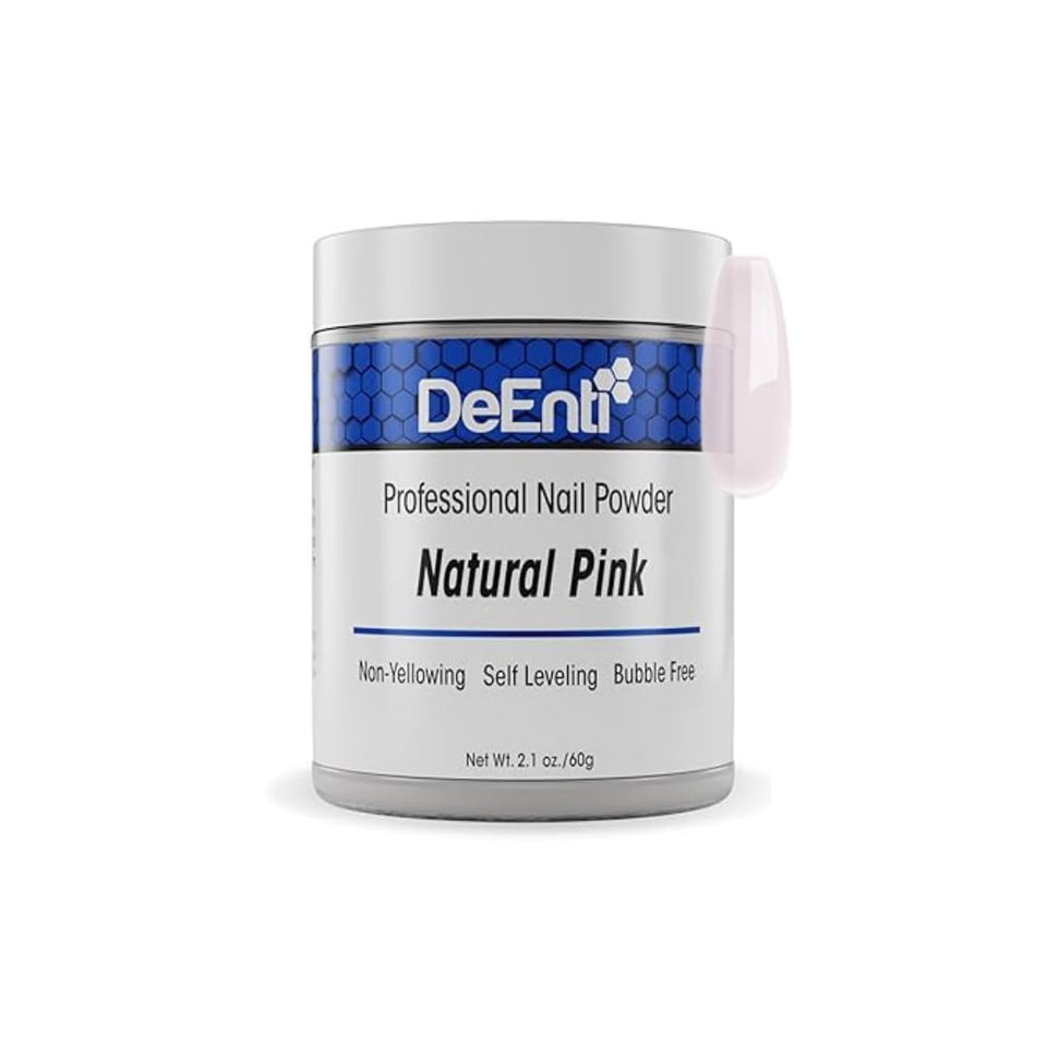 DeEnti jar front view showing natural pink powder and clear labeling benefit durability