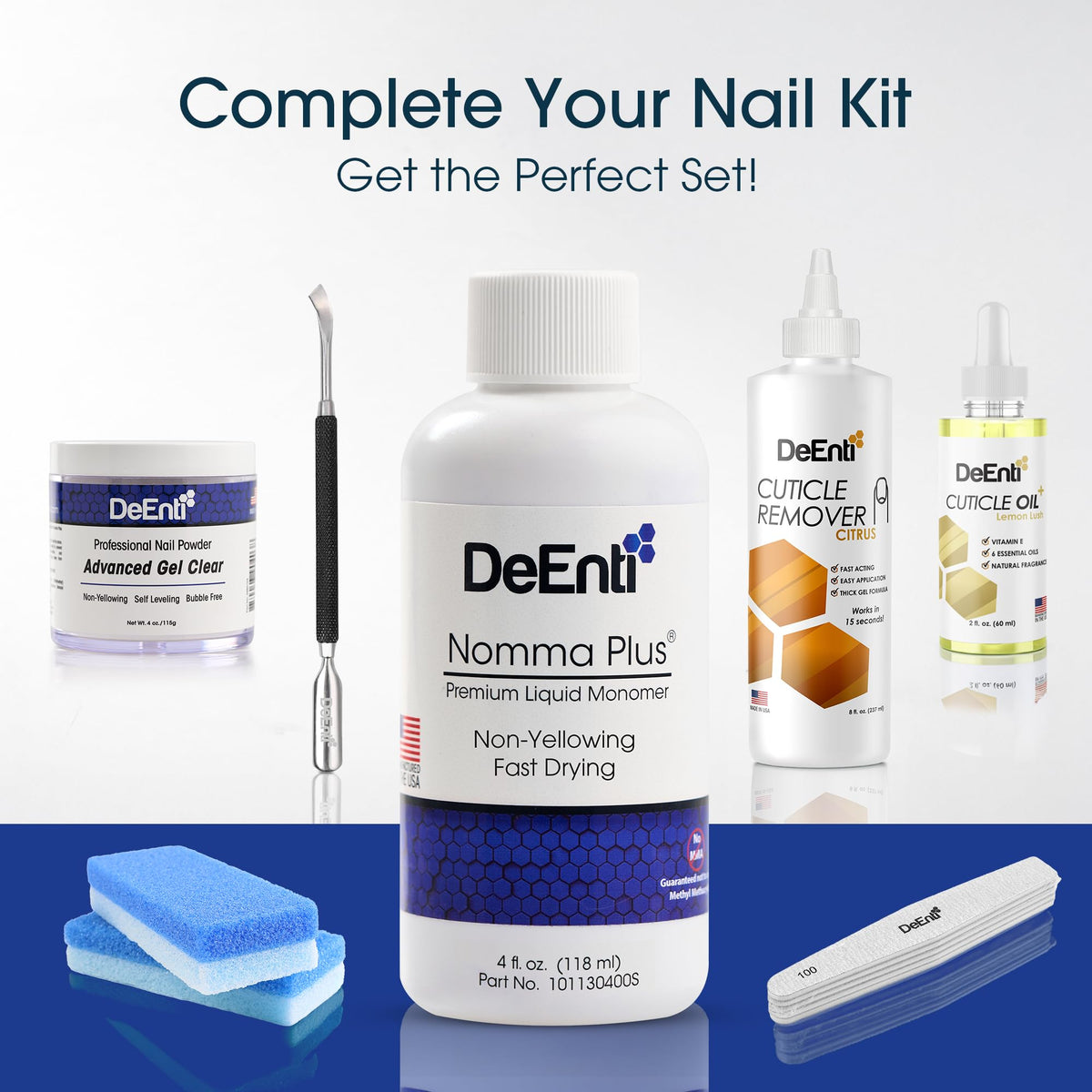 Styled manicure scene with DeEnti Nomma Plus showing salon-quality finish benefit