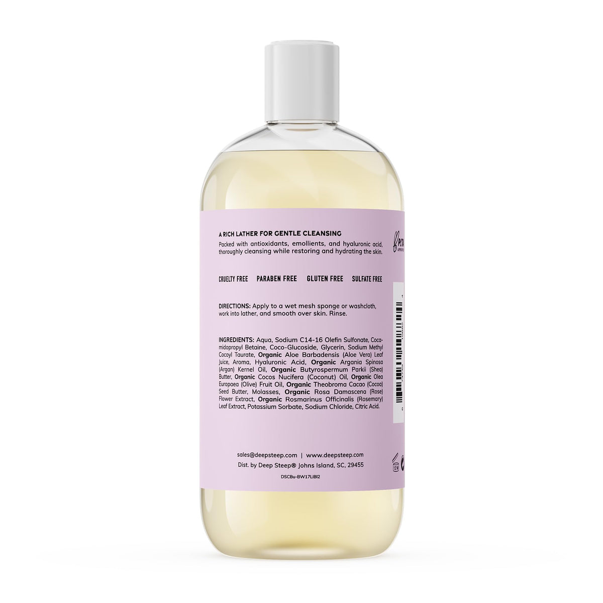 Deep Steep back label listing ingredients and clean formula benefit
