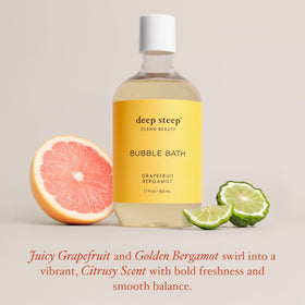 Deep Steep bottle staged by bathtub for lifestyle calming aromatherapy scene
