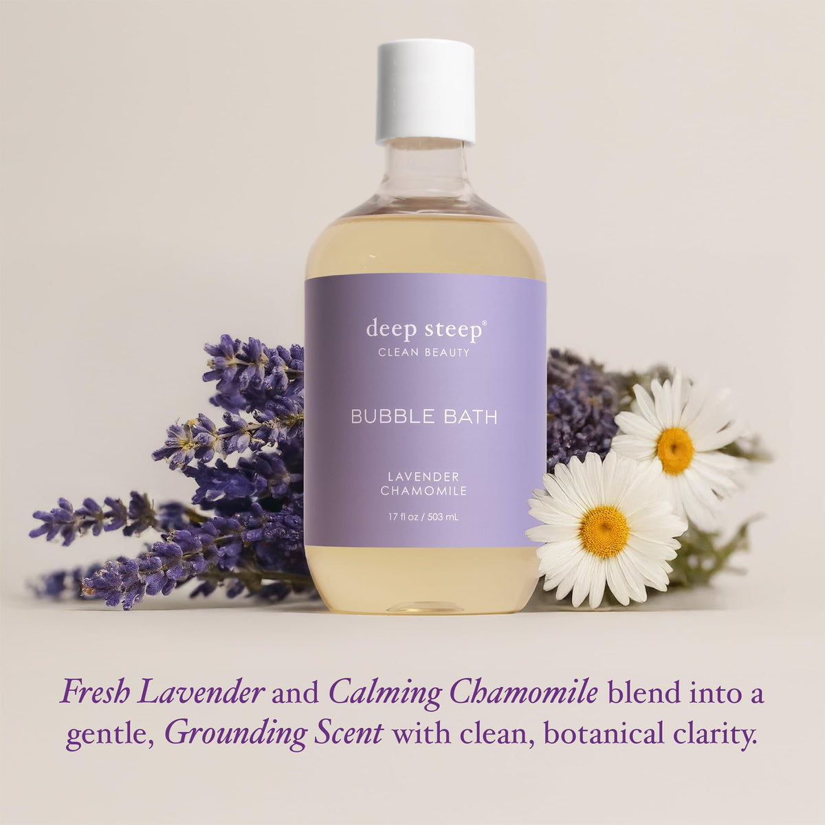 Deep Steep bottle beside a filled tub depicting calming bath ritual benefit