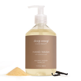 Deep Steep bottle front view showing brown sugar vanilla scent and benefit of gentle cleansing