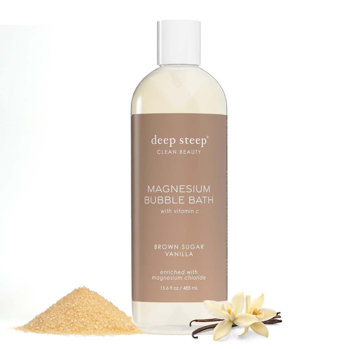 Deep Steep bottle front Brown Sugar Vanilla showing clean-beauty label and calming scent benefit